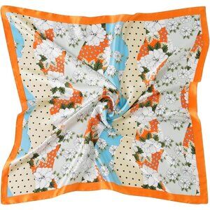 Women Orange Flower Headscarf Satin Bandana Pattern Polyester Breathable Scarves